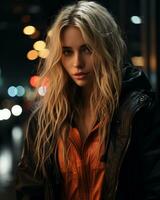 blonde woman in black leather jacket generative ai photo