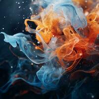 blue and orange smoke in the air on a black background generative ai photo