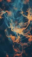 blue and orange smoke on a dark background generative ai photo