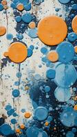blue orange and yellow oil droplets on a metal surface generative ai photo