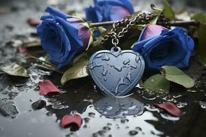 azul rosas y un corazón conformado colgante en el suelo generativo ai foto