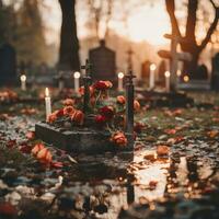 candles and flowers in a graveyard at sunset generative ai photo