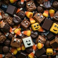 chocolate candy with halloween faces and candy corn generative ai photo