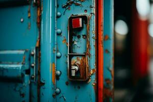 close up of a rusty blue door with a red button generative ai photo