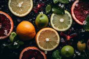 citrus fruits and leaves on a black background stock photo generative ai