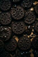 chocolate cubierto oreos en un mesa generativo ai foto