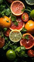 citrus fruits and vegetables on a black background stock photo generative ai