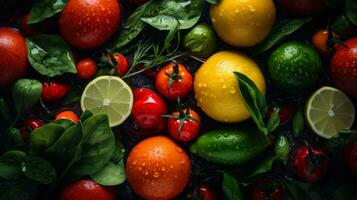 colorful fruits and vegetables with water droplets on them generative ai photo