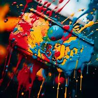 colorful paint splatters on a black surface generative ai photo