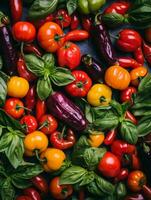 colorful peppers and tomatoes on a black background generative ai photo