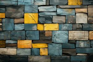colorful stone wall with yellow and blue squares generative ai photo