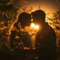 couple kissing in a field of tall grass at sunset generative ai photo