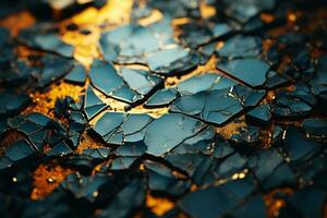 cracked and broken glass with a golden light in the background generative ai photo