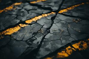 cracked asphalt with yellow lines on it generative ai photo