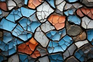 cracked stone wall with blue orange and red colors generative ai photo