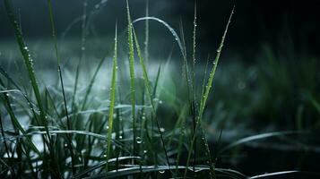dew drops on the grass in the dark generative ai photo