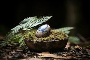 easter egg in a bowl with moss and ferns generative ai photo