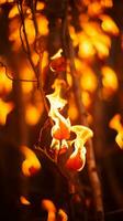 flames on a tree branch in the dark generative ai photo