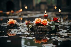 flowers and candles in a pond with water lilies generative ai photo