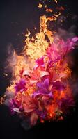 flores y fuego en un negro antecedentes generativo ai foto