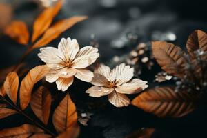 flowers on a black background with brown leaves generative ai photo