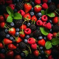 fresh berries and raspberries on a black background generative ai photo