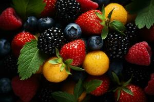 fresh berries with leaves and berries on a black background generative ai photo