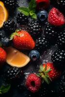 fresh berries and oranges on a black background generative ai photo