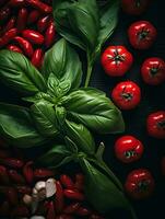 fresh basil tomatoes and garlic on a black background generative ai photo