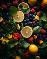 fresh berries and lemons on a black background generative ai photo