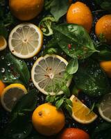 fresh lemons oranges and basil on a black background stock photo generative ai