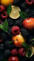 fresh fruits with water droplets on a black background stock photo generative ai