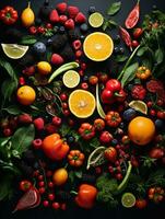 fresh fruits and vegetables arranged in a circle on a black background generative ai photo