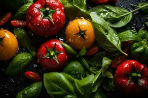 fresh tomatoes and basil on a black background stock photo generative ai