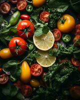 fresh tomatoes lemons and herbs on a dark surface generative ai photo