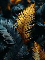 gold and black feathers on a dark background generative ai photo
