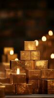 gold bars stacked on top of each other with candles in the background generative ai photo
