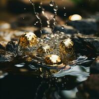 dorado pelotas en agua con agua salpicaduras en ellos generativo ai foto