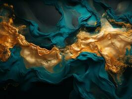 gold and blue liquid flowing over a black background generative ai photo