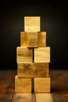 golden blocks stacked on top of each other on a wooden table generative ai photo