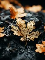 golden autumn leaves on a black background generative ai photo