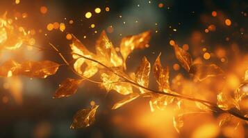 golden autumn leaves on a branch in the dark with bokeh effect generative ai photo