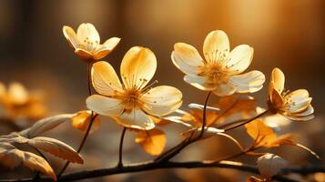 golden flowers on a branch with the sun shining in the background generative ai photo