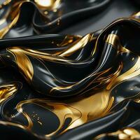 dorado líquido fluido terminado un negro superficie generativo ai foto