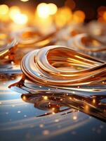 golden swirls on water surface with bokeh effect generative ai photo
