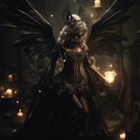 gothic angel with wings holding a candle in the dark generative ai photo