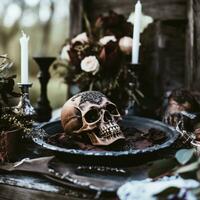 gothic halloween table with skull and candles generative ai photo