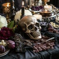 gothic halloween table with skull and candles generative ai photo