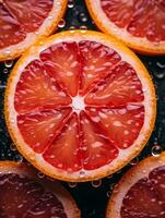 grapefruit slices with water droplets on a black background generative ai photo