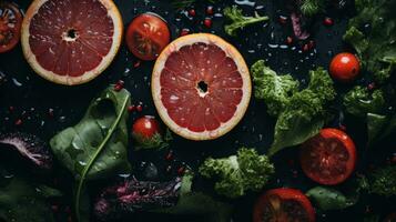grapefruit pomegranate and tomatoes on a black background generative ai photo